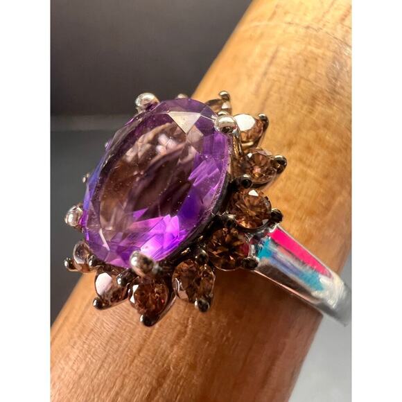 NEW Amethyst and brown zircon halo ring in platinum over sterling silver size 8 - Picture 5 of 16